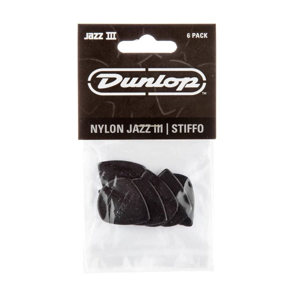 Six Jim Dunlop JP5BS Nylon Jazz III Stiffo guitar picks in a display bag, showcasing small, durable jazz guitar pick designs.