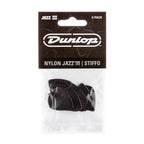 Six Jim Dunlop JP5BS Nylon Jazz III Stiffo guitar picks in a display bag, showcasing small, durable jazz guitar pick designs.