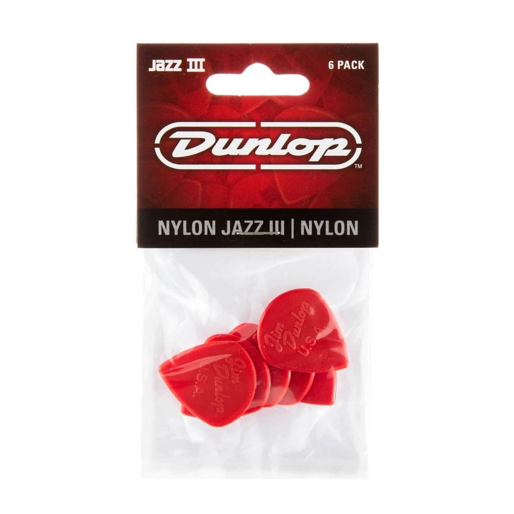 Six Jim Dunlop JP5RN Nylon Jazz III guitar picks with pointed tips in a display bag, designed for precise playing.