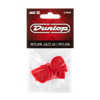 Six Jim Dunlop JP5RN Nylon Jazz III guitar picks with pointed tips in a display bag, designed for precise playing.