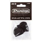 Six black Dunlop Jim Dunlop JP5XLS Nylon Jazz III XL guitar picks in a display bag, designed for precise playing and durability.