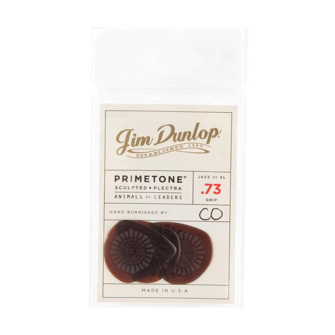 Jim Dunlop Animal As Leaders Primetone guitar picks, 0.73mm, in a display pack with three picks, featuring unique design and branding.