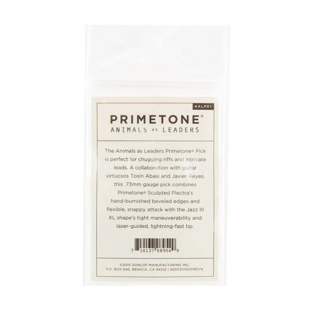 Jim Dunlop Animal As Leaders Primetone guitar picks, 0.73mm, in a pack with three picks displayed in a bag.