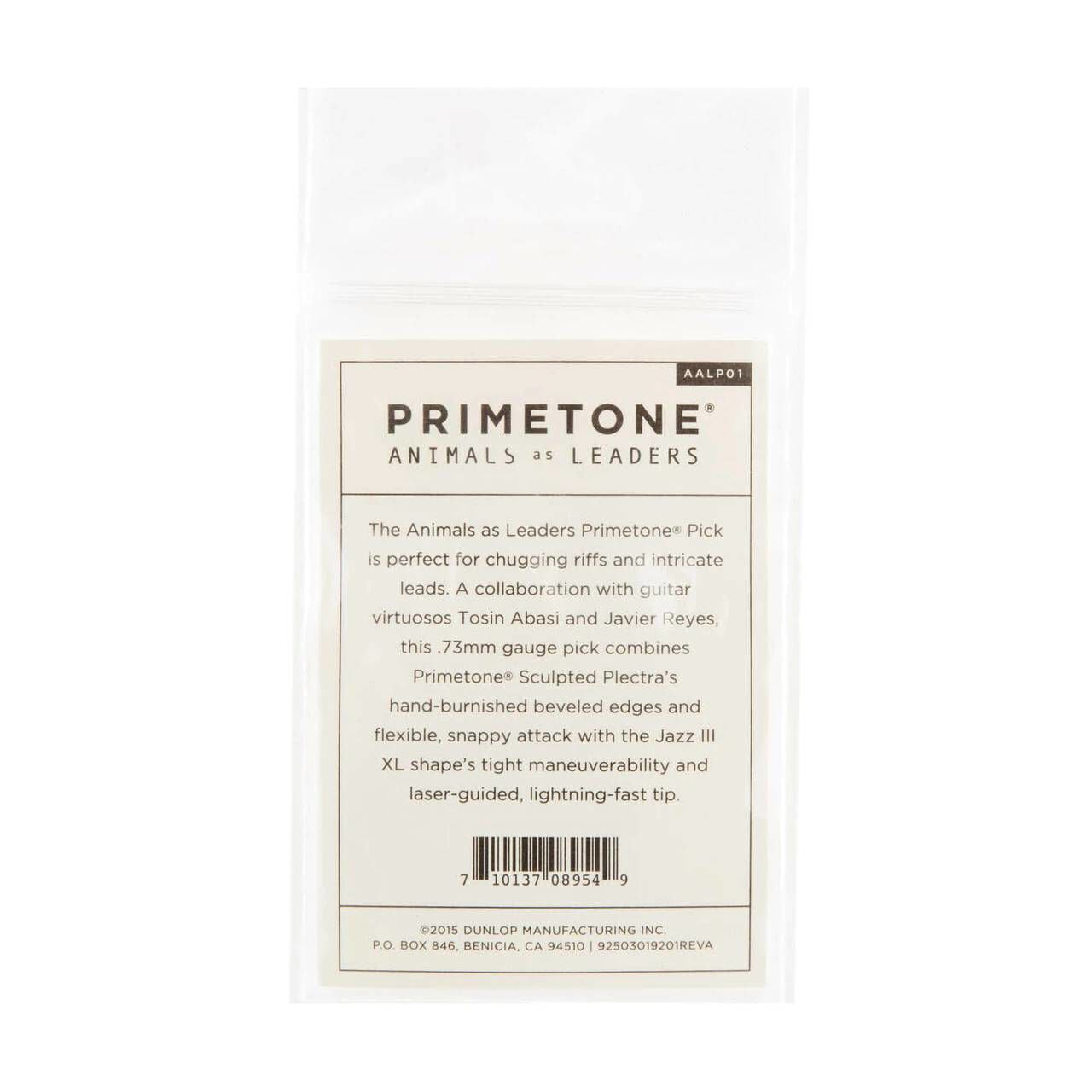Jim Dunlop Animal As Leaders Primetone guitar picks, 0.73mm, in a pack with three picks displayed in a bag.