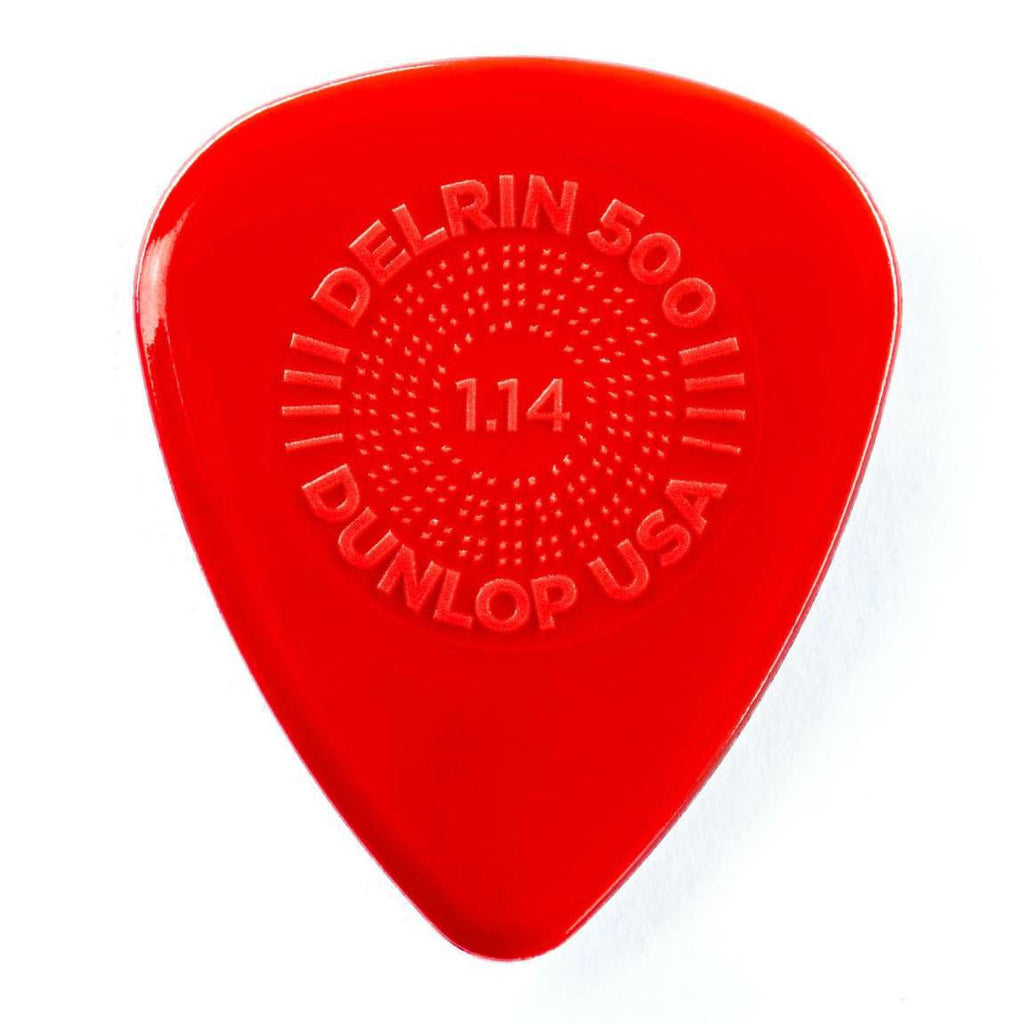 Set of 12 Jim Dunlop Prime Grip Delrin 500 guitar picks, 1.14 mm thickness, for comfortable playing and durable sound.