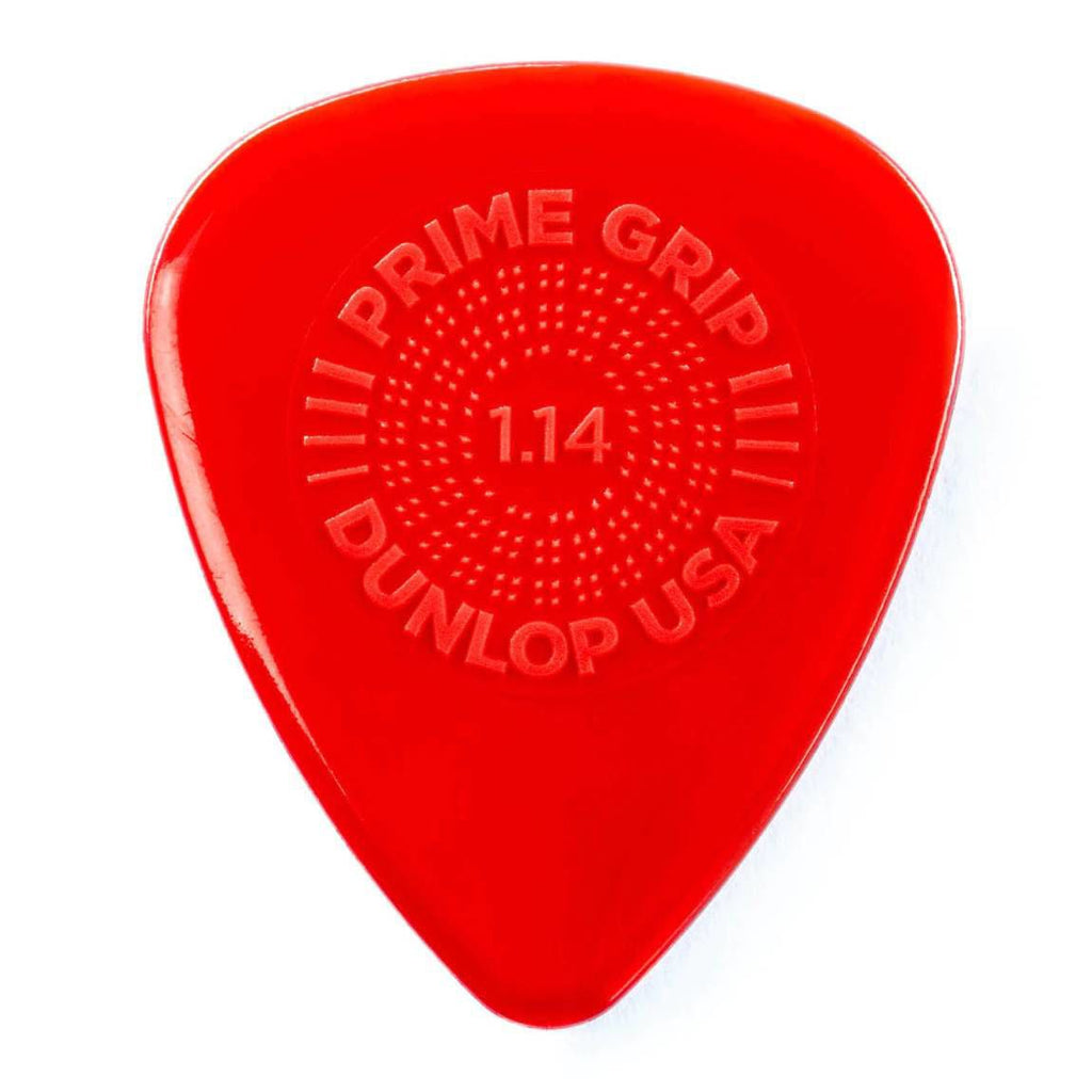 Set of 12 Jim Dunlop Prime Grip Delrin 500 guitar picks, 1.14 mm thickness, featuring textured grip for comfortable strumming.