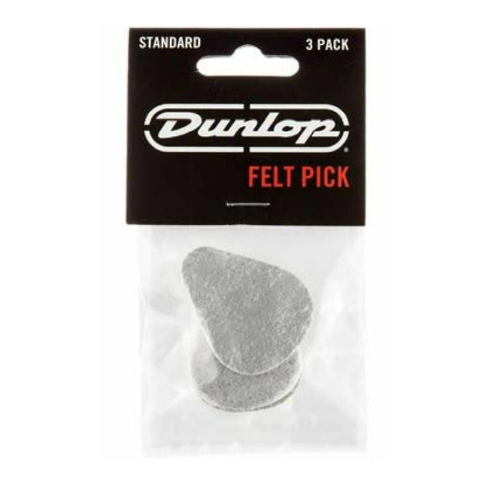Three Jim Dunlop JPFPS beveled felt guitar picks, 3.2mm, displayed in a pack, showing their shape and texture.