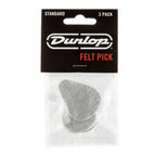 Three Jim Dunlop JPFPS beveled felt guitar picks, 3.2mm, displayed in a pack, showing their shape and texture.