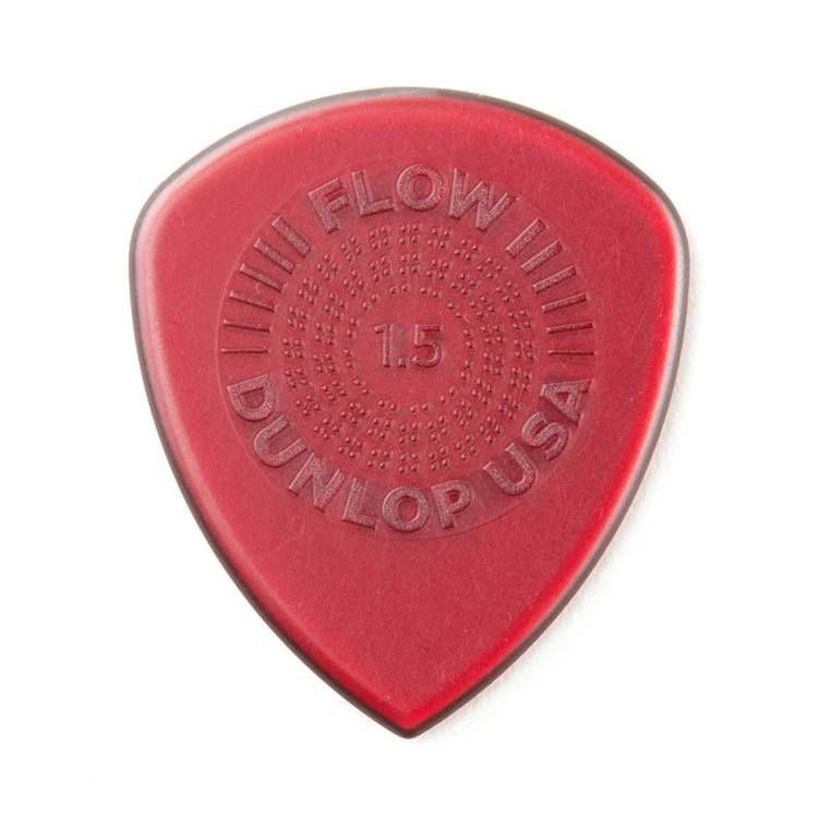 Six Jim Dunlop Flow Standard 1.5mm guitar picks in a pack, featuring the Dunlop logo and a smooth, rounded edge for comfortable play.