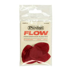 Six Jim Dunlop Flow Standard 1.5mm guitar picks in a pack, showing the black Dunlop logo and smooth pick surface.