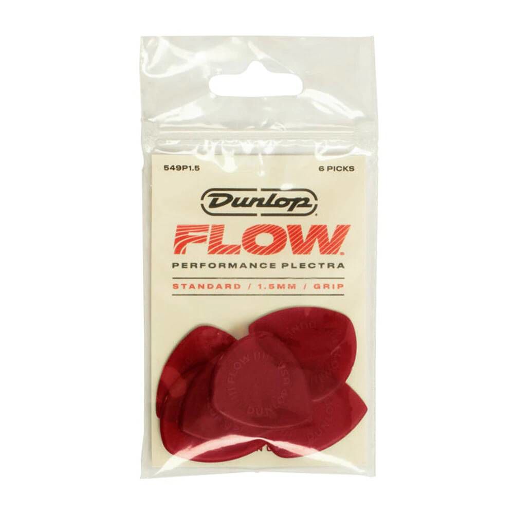 Six Jim Dunlop Flow Standard 1.5mm guitar picks in a pack, showing the black Dunlop logo and smooth pick surface.