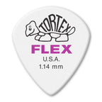 Jim Dunlop Tortex Flex 1.14 Jazz III XL guitar picks in a 12-pack, showing the orange picks with textured surface and thickness.