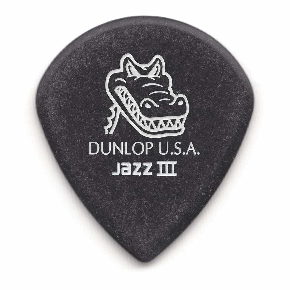 Jim Dunlop Gator Grip Jazz III guitar picks in a player pack, featuring multiple picks with textured grip surfaces for precise playing.
