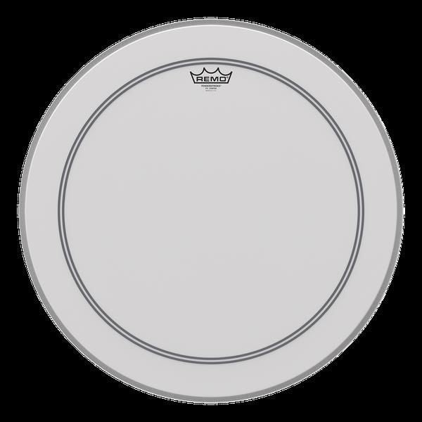 Remo Powerstroke 3 Coated 16-inch drumhead for drums, showing the black coated surface and branded logo on the drumhead.