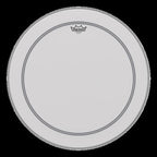 Remo Powerstroke 3 Coated 16-inch drumhead for drums, showing the black coated surface and branded logo on the drumhead.