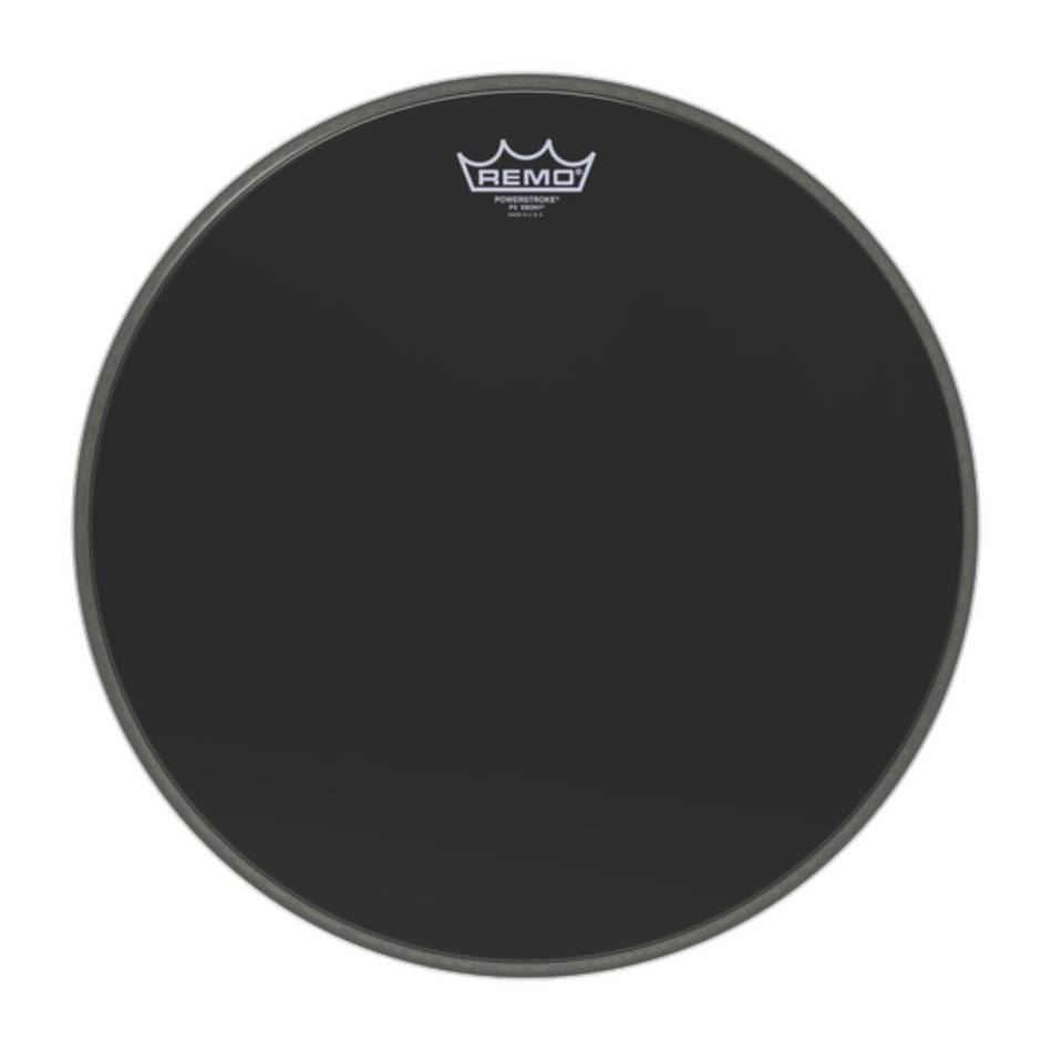 Remo Powerstroke 3 Ebony 16-inch bass drumhead with black Dynamo reinforcement on drum head for drum kit use