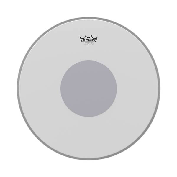 Remo Powerstroke 3 coated 20-inch bass drumhead with black top and no stripe, bottom view, suitable for drum set components.