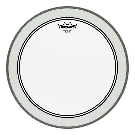 Remo Powerstroke 3 16-inch clear bass drumhead with impact patch, designed for drum heads and percussion instruments.