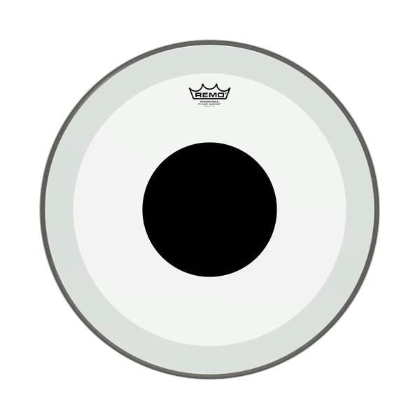 Remo Powerstroke 3 20-inch bass drumhead with clear surface, black dot at center, designed for drum heads.