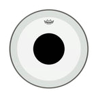 Remo Powerstroke 3 20-inch bass drumhead with clear surface, black dot at center, designed for drum heads.