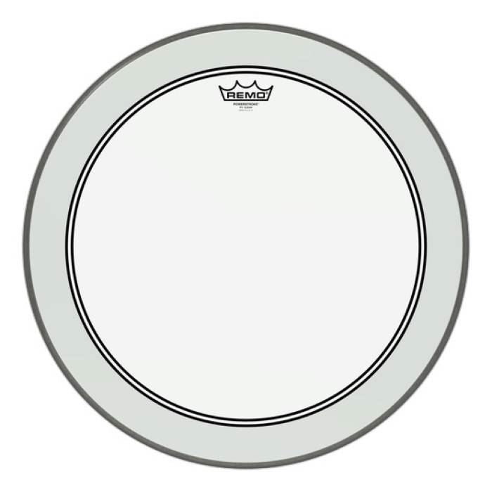 Remo Powerstroke 3 clear 20-inch bass drumhead for drum set, showing the transparent drum head with branding and mounting holes.