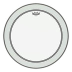 Remo Powerstroke 3 clear 20-inch bass drumhead for drum set, showing the transparent drum head with branding and mounting holes.