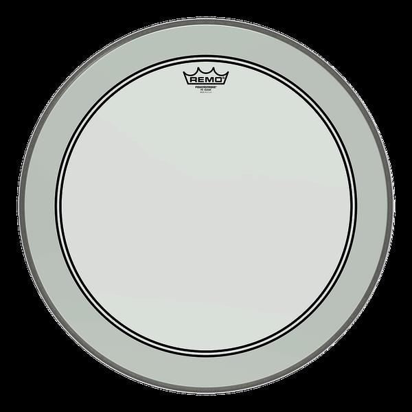 Remo Powerstroke 3 Clear 26-inch bass drumhead, drum head with a smooth clear surface and brand logo, mounted on a bass drum.