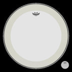 Remo Powerstroke 4 Clear 18-inch drumhead, a durable drum head for percussion instruments, featuring a transparent surface with branding.
