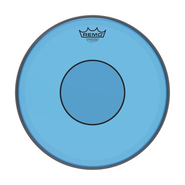 Remo Colortone P77 14-inch blue drumhead, Remo brand, showing a vibrant blue drumhead with a smooth surface and logo.