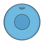 Remo Colortone P77 14-inch blue drumhead, Remo brand, showing a vibrant blue drumhead with a smooth surface and logo.