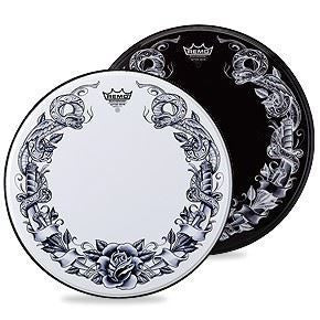 Remo Powerstroke 22 Inch Bass Drumhead Tattoo Serpent Rose On WHITE Graphic