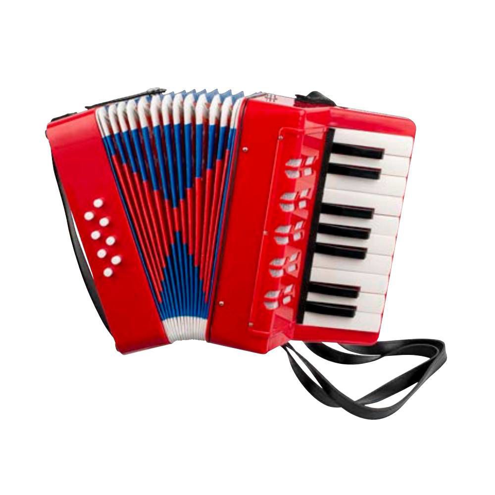 Red AMS PA818R Junior Piano Accordion with black and white keys, compact size, suitable for beginners and gift purposes.
