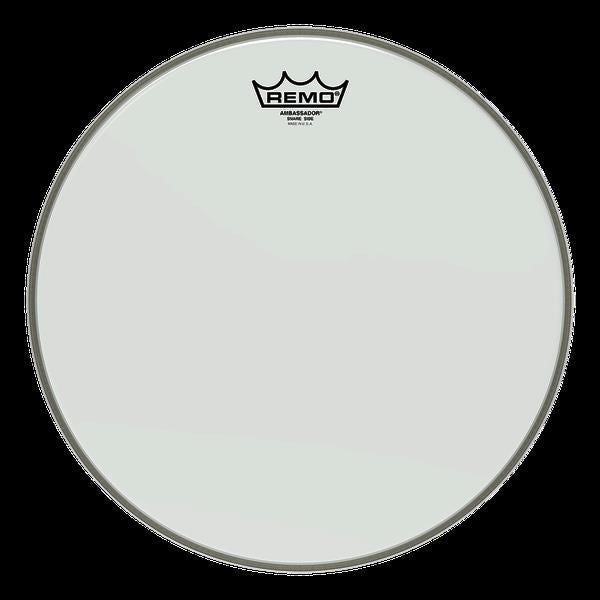 Remo Ambassador Hazy 15-inch snare side drumhead, showcasing the drumhead's textured hazy surface and fitting a snare drum.