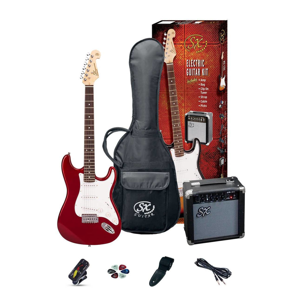 SX Essex ST Style Full Size Electric Guitar in Candy Apple Red & Amp Pack