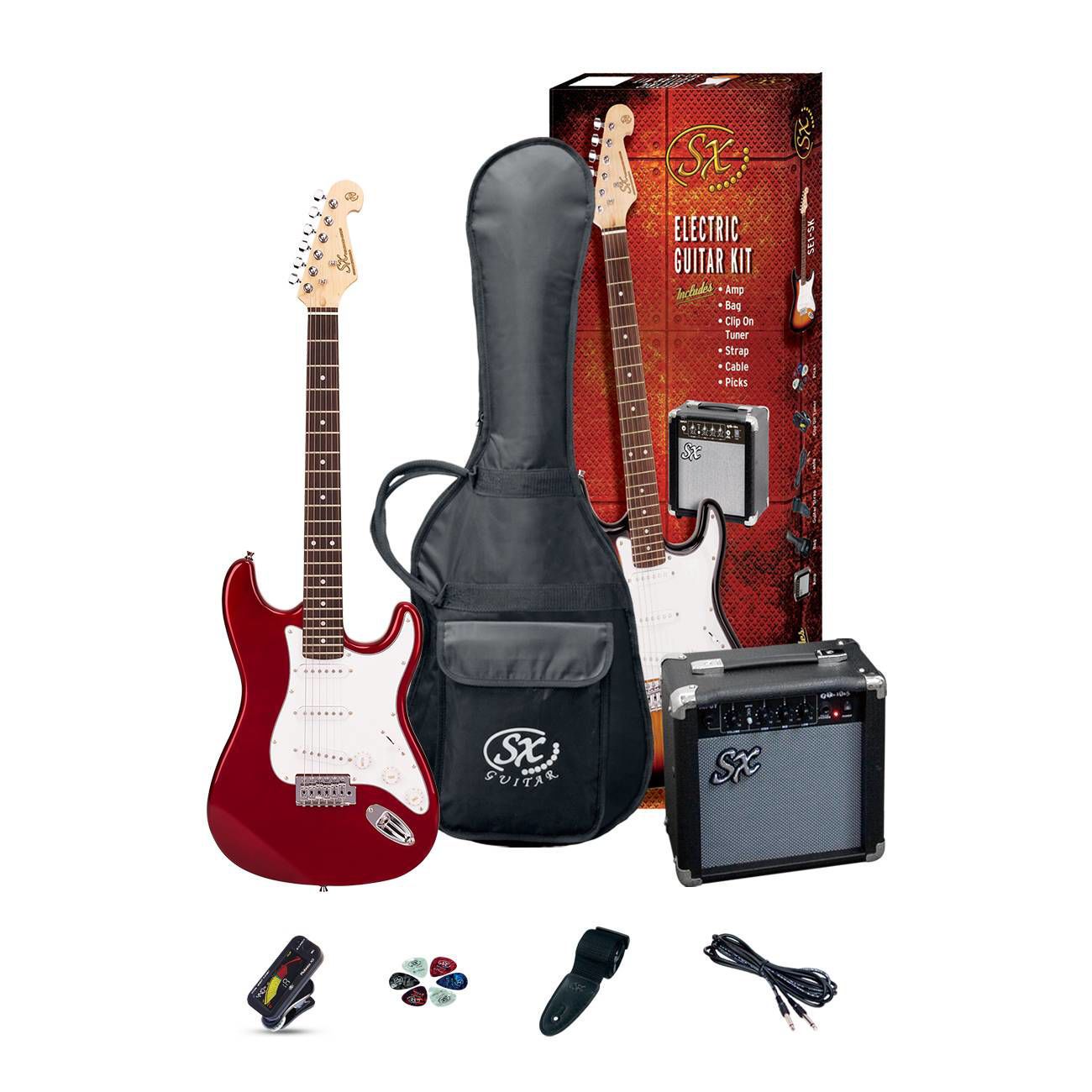 SX Essex ST Style Full Size Electric Guitar in Candy Apple Red & Amp Pack