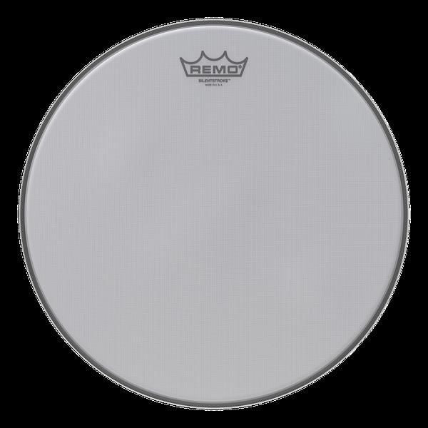 Remo Silentstroke 20-inch bass drumhead for drum set, showing a black textured surface with branding details.