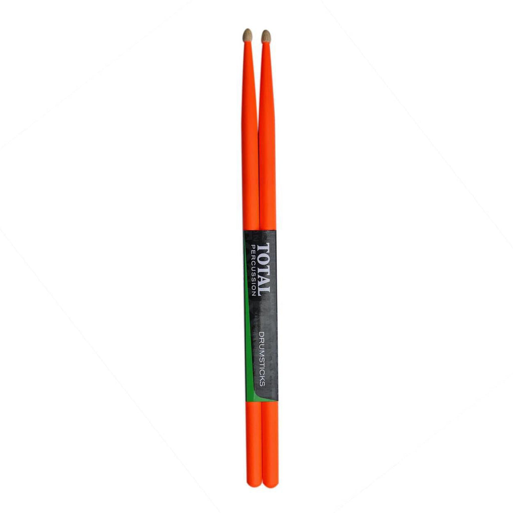 Total Percussion 5A wood tip drumsticks in bright fluro orange, showing the sticks with wood tips and brand logo.