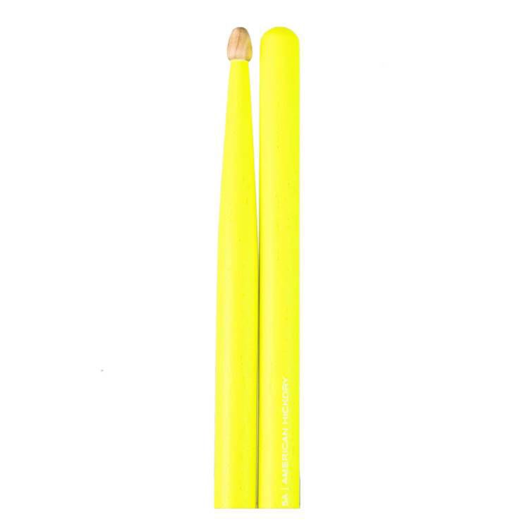 Total Percussion 5A drumsticks with yellow fluorescent finish and wood tip, designed for drummers and percussionists.