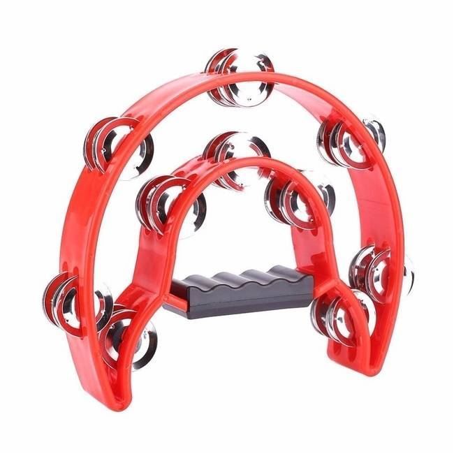 Mano Percussion 9x6inch Double Half Moon Tambourine with 20 Pairs of Jingles in Double Row - Red