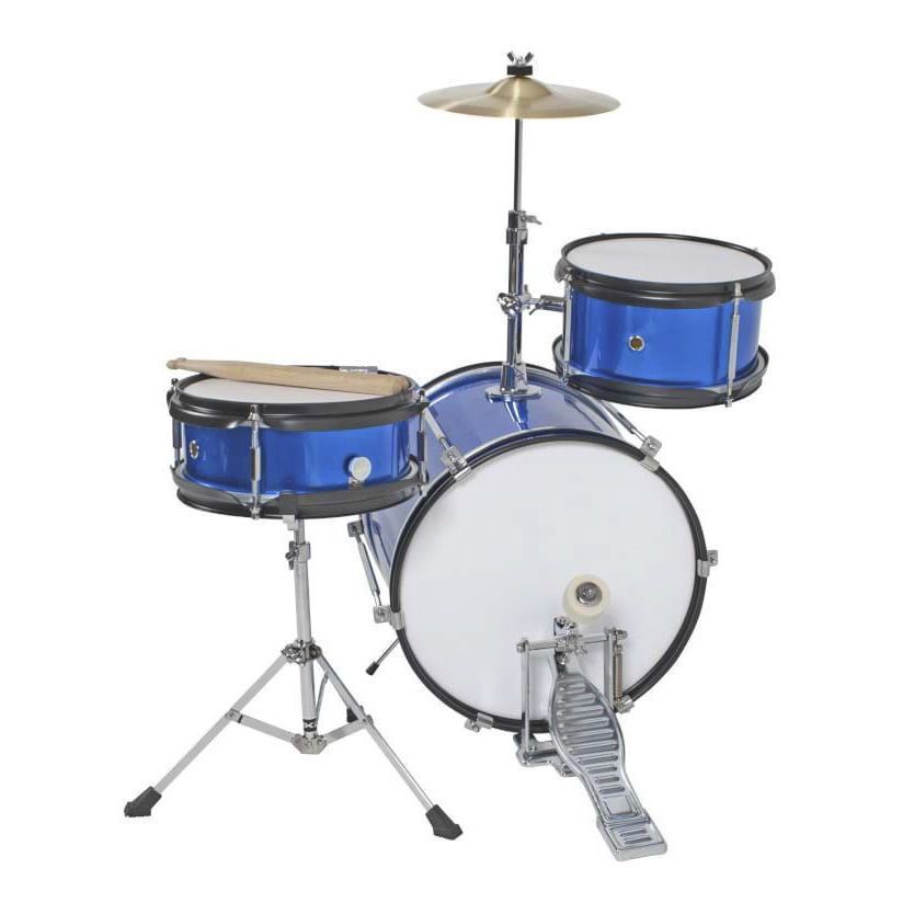 DXP Junior Series 3-piece drum kit in metallic blue with drum shells, cymbals, and drumsticks arranged for a photo.