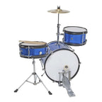 DXP Junior Series 3-piece drum kit in metallic blue with drum shells, cymbals, and drumsticks arranged for a photo.