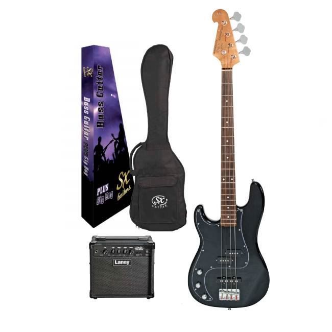 SX Essex & Laney Left-Handed 4/4 Bass Guitar Pack in Black (VEP34LHB Bass & Laney Bass Amp)