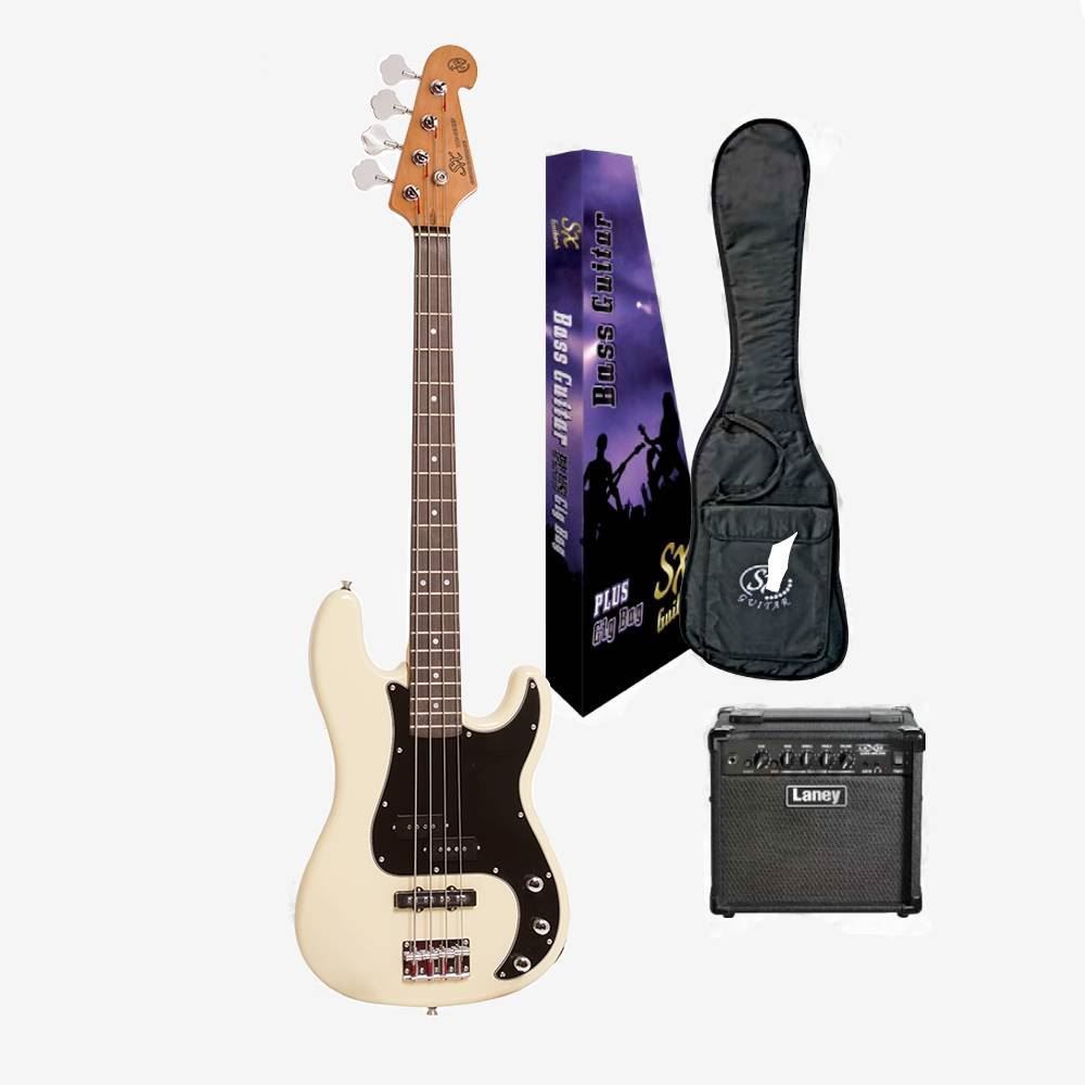 SX Essex & Laney 4/4 Bass Guitar Pack in Vintage White (VEP34VWH Bass & Laney Bass Amp)