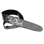 Black leather Cole Clark guitar strap with adjustable length and padded shoulder for comfortable playing.