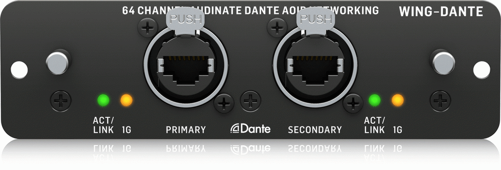 Behringer AOIP-Dante internal Brooklyn card expansion for audio interfaces, featuring 64x64 Dante network audio connections.