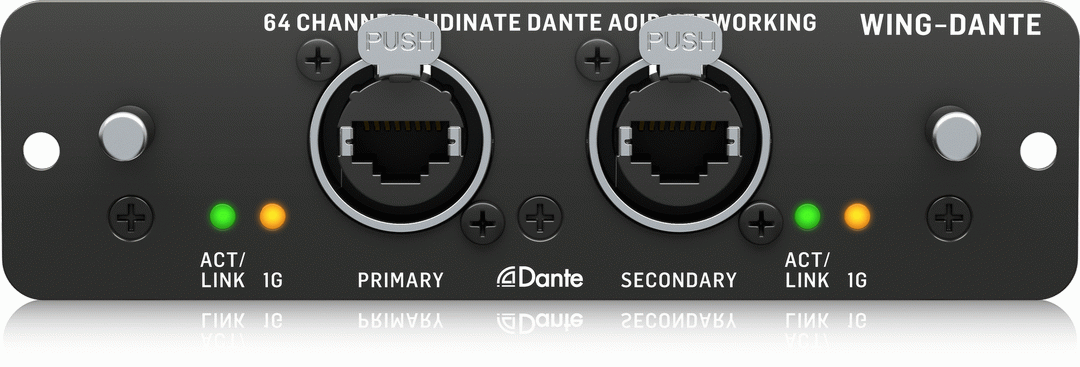Behringer AOIP-Dante internal Brooklyn card expansion for audio interfaces, featuring 64x64 Dante network audio connections.