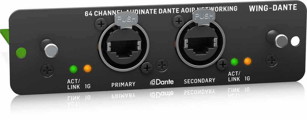 Behringer AOIP-Dante internal Brooklyn card for audio interfaces with 64x64 Dante network channels, visible on the expansion card.