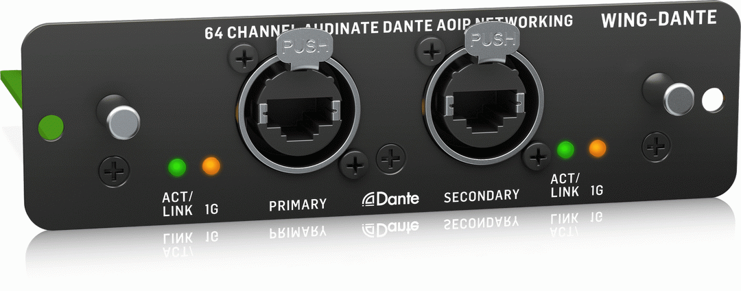 Behringer AOIP-Dante internal Brooklyn card for audio interfaces with 64x64 Dante network channels, visible on the expansion card.