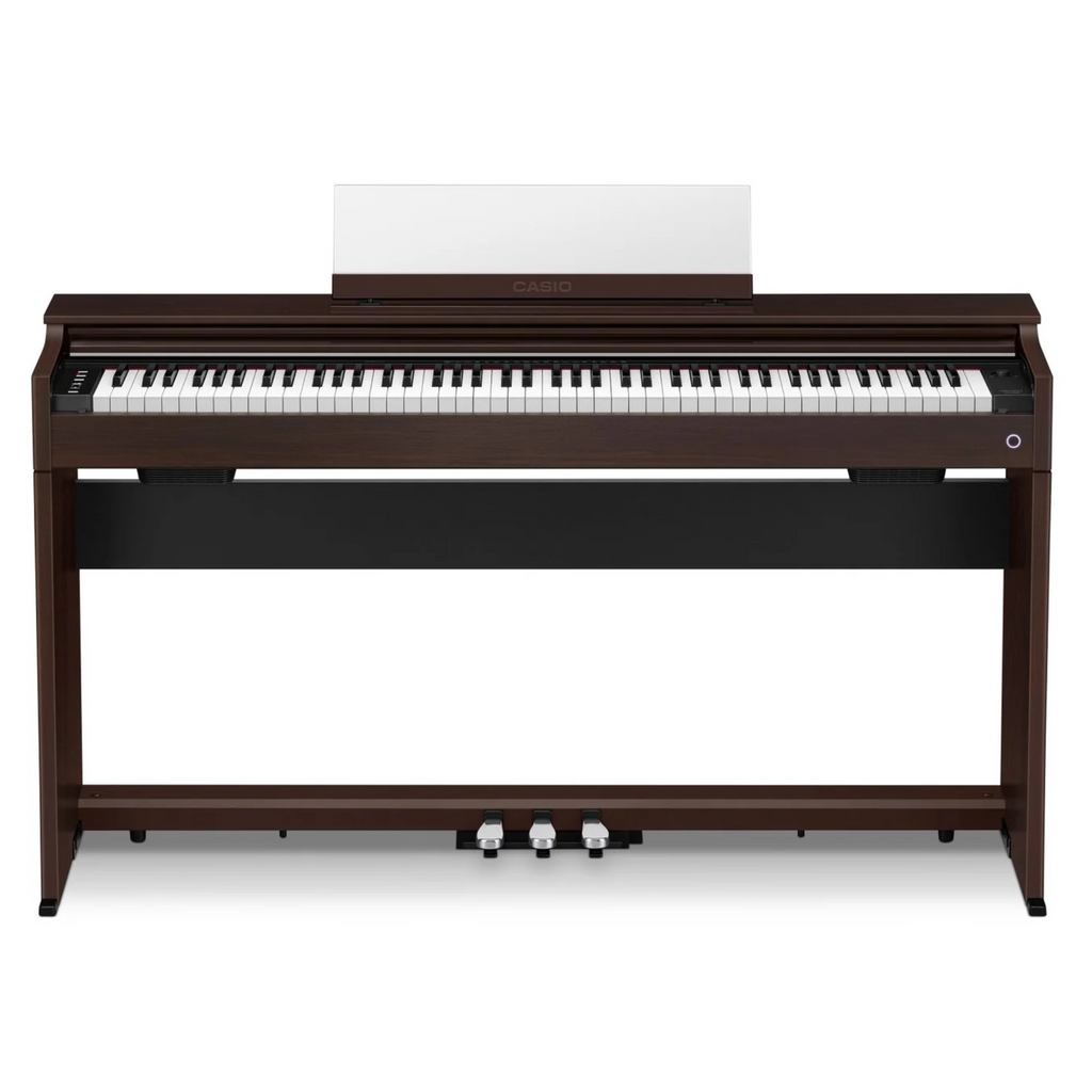 Casio APS200BN 88-key digital piano in brown with wood grain finish and full-sized keys, ideal for beginners and musicians.