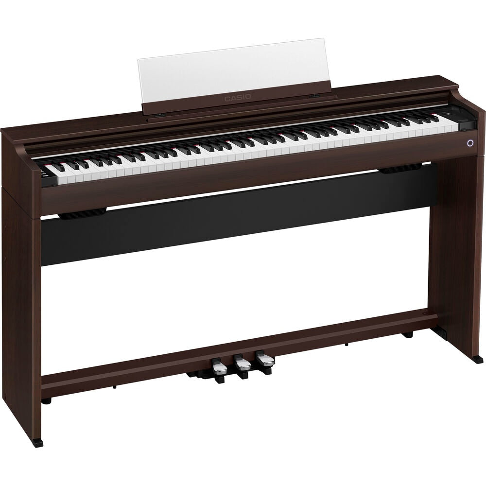 Casio APS200BN 88-key digital piano in brown with keyboard and control panel for musical practice and performance.